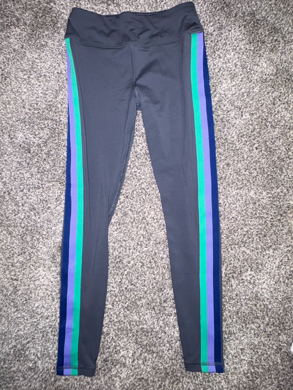 Avia Grey Workout Leggings with Blue and Teal Side Stripes